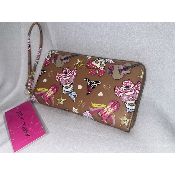 NWT Betsey Johnson Skull Cowboy Cowgirl boots guitar Wallet Zip Wristlet Clutch - Picture 1 of 7